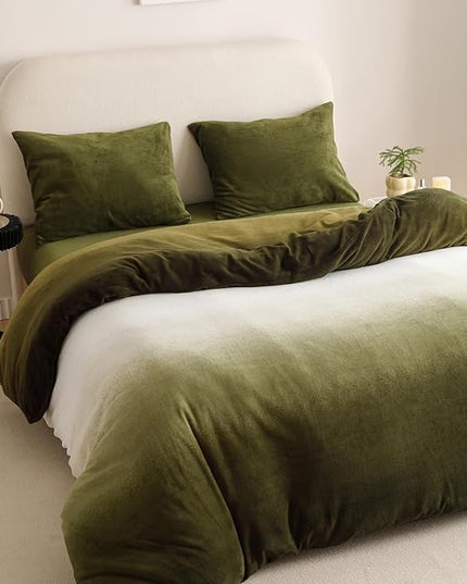 Luxlovery Green Gradient Velvet Comforter Full Fluffy Plush Flannel Bedding Set Full Men Women Army Green White Winter Warm Blanket Quilts Thick Abstract Modern Comforter Set