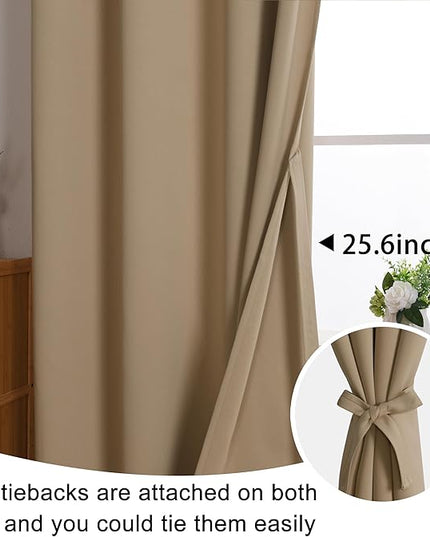 JIUZHEN Blackout Curtains with Tiebacks - Thermal Insulated, Light Blocking and Noise Reducing Grommet Curtains for Bedroom and Living Room, Set of 2 Window Curtain Panels, 52 x 63 Inch Length，Camel