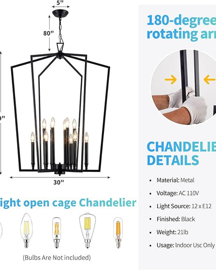 Vezzio Black Chandelier, 12-Light Modern Farmhouse Chandeliers Geometric Industrial Pendant Light Fixture Lantern for Dining Room Foyer Kitchen Island High Ceiling Hallway Entryway, D30 Inch