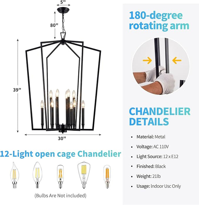 Vezzio Black Chandelier, 12-Light Modern Farmhouse Chandeliers Geometric Industrial Pendant Light Fixture Lantern for Dining Room Foyer Kitchen Island High Ceiling Hallway Entryway, D30 Inch