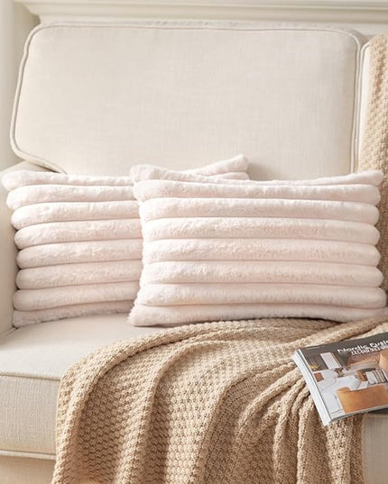 DEELAND Pack of 2,Double-Sided Faux Fur Plush Decorative Throw Pillow Covers Fuzzy Striped Soft Pillowcase Cushion Covers for Sofa Couch Bedroom Beige 12x20 inch