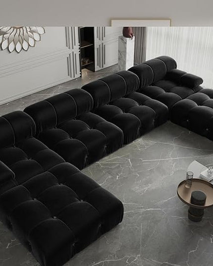 JACH 138" Modular Sectional Couch, U-Shaped Minimalist Velvet Sofas with Chaise Ottomans, Convertible Modern Deep 6-Seat Sofas Furniture for Living Room, Apartment (Black)