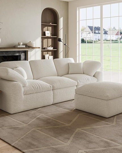 Cloud Sectional Couches for Living Room, L Shaped Modular Sectional Sofa with Ottoman, Convertible Corduroy Couch for Apartment, 4 Seater Boneless Comfy Cloud Sofa, No-Assembly, Cream