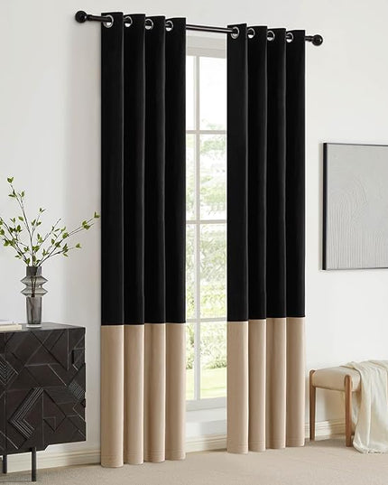 BULBUL Black Champagne Color Block Window Curtains Panels 120 inches Long Velvet Farmhouse Drapes for Bedroom Living Room Darkening Treatment with Grommet Set of 2
