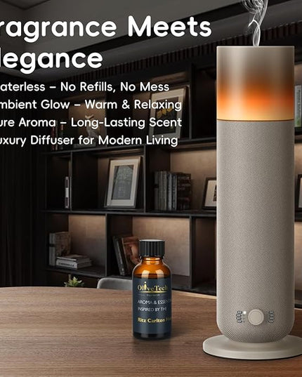 Waterless Diffuser with Fabric-Wrapped Design, OliveTech Cold Air Scent Diffusers for Home & Office, Hotel Collection Diffuser, Adjustable Intensity, Ambient Light, 1 x 30ml Essential Oil Included