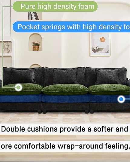 120" Modular Sectional Sofa, Comfy Cloud Couch Sectional Sofa, Chenille Sofa Sleeper Deep Seat Sofa with Throw Pillows for Living Room (Black, 120"- 3 Seater)