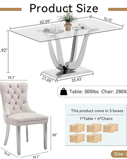 70" Modern Silver Glass Dining Table Set for 6, 7-Piece Rectangle Kitchen Dining Room Table Set with Steel Base & 6 Beige Velvet Upholstered Chairs, Modern Glass Kitchen Table and Chairs Set of 6