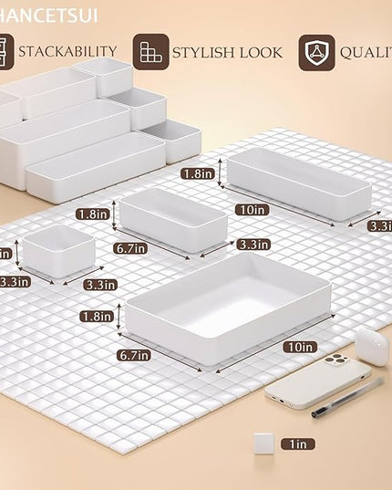 9 Pcs Stackable Drawer Organizer Trays Set, Multifunctional Stackable Storage Trays for Vanity, Bathroom, Kitchen, Desk Drawer Organizer Office. Plastic Drawer Organizers Available In 5 Colours, White
