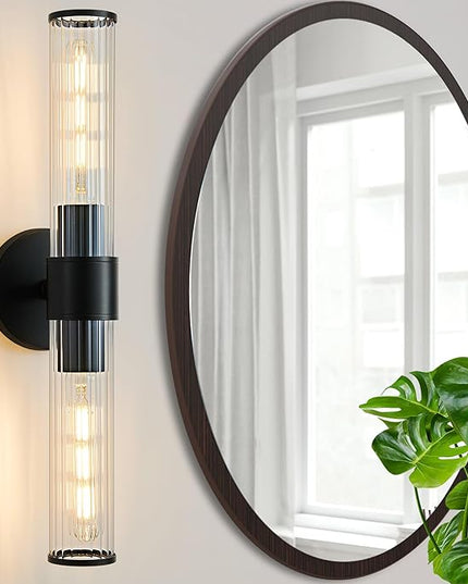 Bathroom Vanity Light Fixtures, Black Wall Sconces in Threaded Glass, Modern Wall Light for Bathroom Living Room Bedroom, Hallway - Bulb Not Included