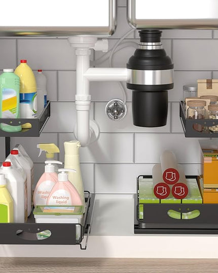 Under Sink Organizer with Pull-Out Drawers,Kitchen Sink Organizer,2 Tier Bathroom Organizers And Storage,Bathroom Accessories Set,Black 1 Pack