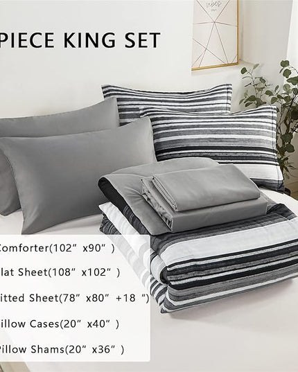 KAKIJUMN 7 Piece Bed in a Bag Stripe Comforter Set King Size, White Grey Black Patchwork Striped Comforter and Sheet Set, All Season Soft Microfiber Complete Bedding Sets(Grey,King)