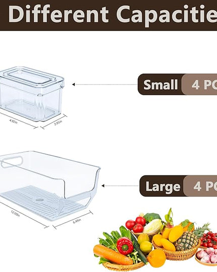 8Pcs Clear Plastic Storage Bins, Refrigerator Organizer Bins with Handles, Freezer Organizer Clear Organizing Bins, BPA-Free Fridge Storage Containers for Fridge, Freezer, Cabinet, Kitchen, Pantry