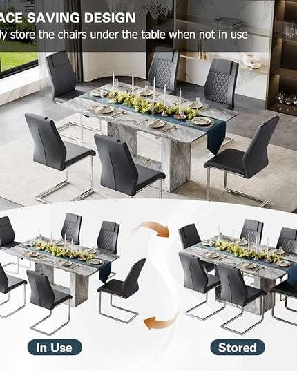 Dinner Table Set for 6, 7 Piece Dining Table Set with Chairs, 63" Faux Marble Modern Table with 6 PU Leather Upholstered Chairs, for Kitchen & Dining Room