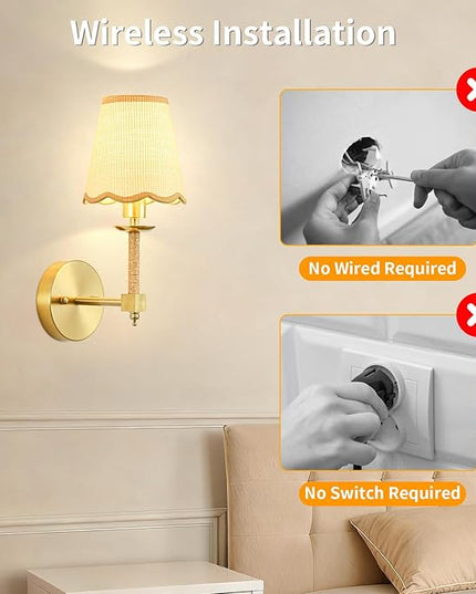 Boho Battery Operated Wall Sconce Set of 2, Medium Wireless Rechargeable Wall Lights with Rattan Shade, 12 RGB and 3CCT Dimmable Cordless Wall Lamps with Remote for Living Room