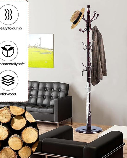 Coat Racks Free Standing with 14 Hooks, Natural Wood Coat Stands for Entryway, Adjustable Height 72 in Tree Coat Rack Stand for Hallway Home Office Bedroom (Mahogany Ruyi)