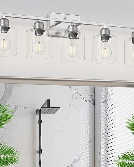 Modern Brushed Nickel 5 Light Bathroom Vanity Light, 31 inch Bathroom Lights Fixtures, Vanity Lights for Mirror Kitchen Living Room Hallway Cabinet Porch