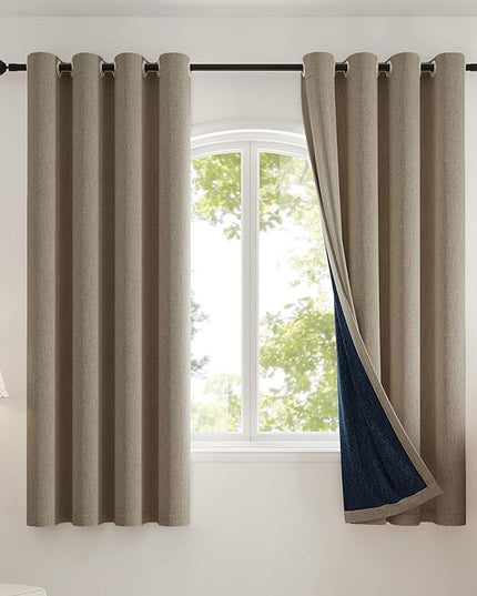100% Blackout Curtains Thick Soft Curtain 2 Panels for Bedroom, Linen-Look Textured Full Light Blocking Room Darkening Thermal Insulated Drapes for Windows (W52xL45, Taupe)