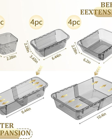 14 Pcs Adjustable Clear Drawer Organizer, Extendable Vanity Storage Bins, Desk Drawer Organizer Set for Makeup, Cosmetics, Bedroom, and Gadgets, Black