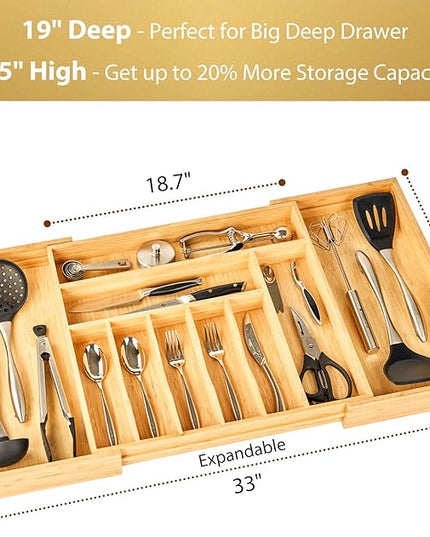 Umilife Extra Large Expandable Kitchen Siverware Utensils Drawer Organizer, 19" Deep for Big Drawer, Adjustable Bamboo Wood Drawer Divider with Curved Grooves, Cutlery Tray Flatware Holder