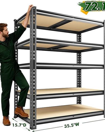 Garage Shelves, 72.1" H Garage Storage Shelves, 5 Tier Adjustable Shelving Units for Storage, Basement, Warehouse, Pantry, Kitchen, 35.5" W x 15.7" D x 72.1" H, Black, 2 Pack