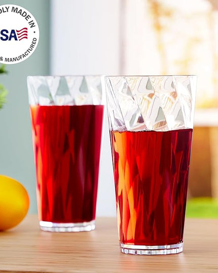 US Acrylic Optix Plastic Reusable Drinking Glasses (Set of 8) 26oz Iced-Tea Cups in Clear | BPA-Free Tumblers, Made in USA | Top-Rack Dishwasher Safe