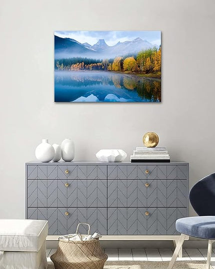 SKASNFAI Lake Canvas Wall Art National Park Forest Mountains Painting Artwork Nature Prints Poster Framed for Living Room Bedroom (16x24 inch)
