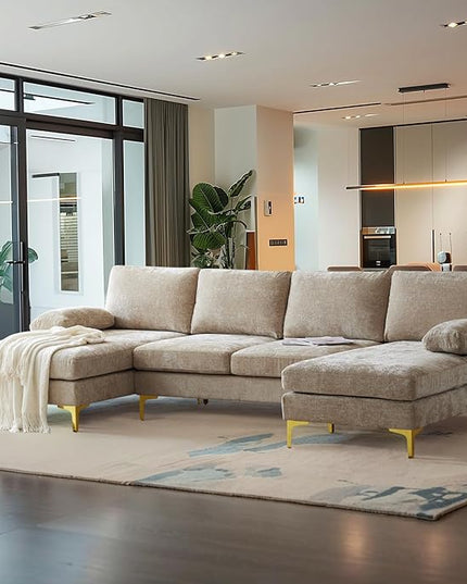 VINGLI 110" Large U-Shape Sectional Sofa Couch with 51" D Double Chaise for Living Room, Modern Sectional Couch Set with Soft 5.9" Thickness Seating Padding, Chenille Fabric,Metal Gold Legs(Khaki)