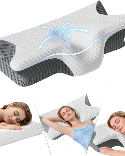 2025 Upgrade Neckhaven Pillow, Neckhaven Pillow Hospitality Collection, Memory Foam Ergonomic Cervical Neck Pillows with Cooling Cover for Neck Pain Relief Side Back Stomach Sleeper (White Grey)