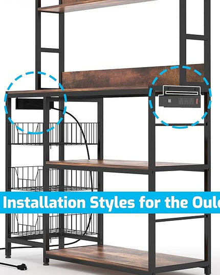 Baker Rack with Power Outlet,5-Tier Kitchen Utility Storage Shelf with Hooks,Microwave Oven Stand with Storage,Kitchen Shelf with Basket，Rustic Brown