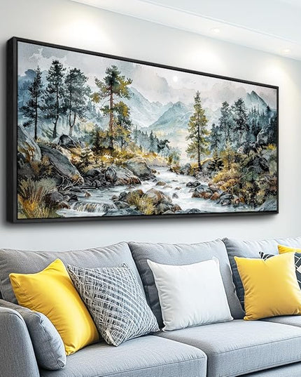 PHAOHUAXM Large Canvas Printing Artworks Wall Art For Bedroom Wall Decor For Living Room Office Home Decor Rivulet View Painting Forest Tree Landscape Watercolour Pictures Black Framed 30x60 In