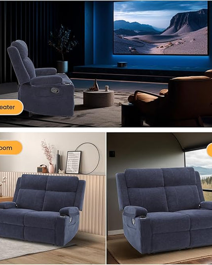 Manual Living Room Reclining Sofa Set, Comfy Chenille Loveseat Recliner Sofa & Deep Seat Reclining Couch, RV Wall Hugger Recliner Sofa Set for Living Room Furniture Sets(Blue)