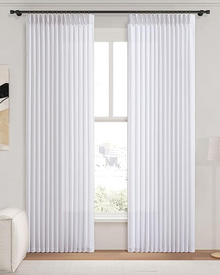 Linen Pinch Pleated Curtains White 84 Inches Long Drapes for Bedroom, Light Filtering Pleat Privacy 7 Ft Thick Linen Blend Window Non See Through Curtain with Back Tab and Hooks 40" W x 84" L