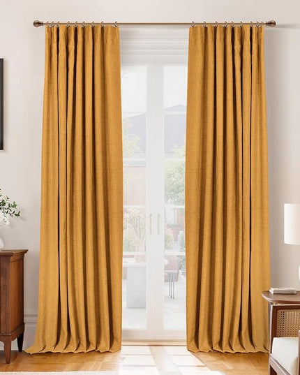 INOVADAY 100% Blackout Curtains for Bedroom, Black Out Curtains 96 Inch Long, Clip Rings Linen Blackout Drapes, Thermal Insulated Room Darkening for Living Room, 2 Panels - Mustard Yellow,W50xL96