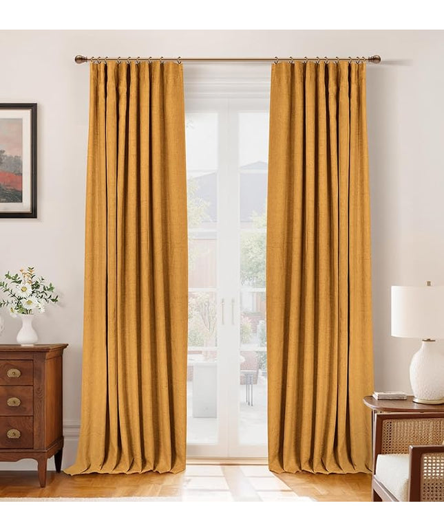 INOVADAY 100% Blackout Curtains for Bedroom, Black Out Curtains 96 Inch Long, Clip Rings Linen Blackout Drapes, Thermal Insulated Room Darkening for Living Room, 2 Panels - Mustard Yellow,W50xL96
