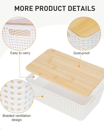 Storage Bins with Lids 10 Packs, Plastic Storage Bins with Bamboo Lids for Pantry Organization and Storage Containers for Shelves Drawers Desktop Closet Playroom Classroom Office Home, White