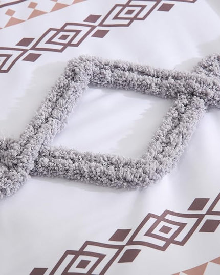 MOVE OVER Beige and Gray Tufted Comforter Set Queen Size 5 Pieces Bohemian Style Geometric Tufted Bedding Set Farmhouse Boho Aztec Comforter Set with 2 Decor Pillow Covers for Room Decor