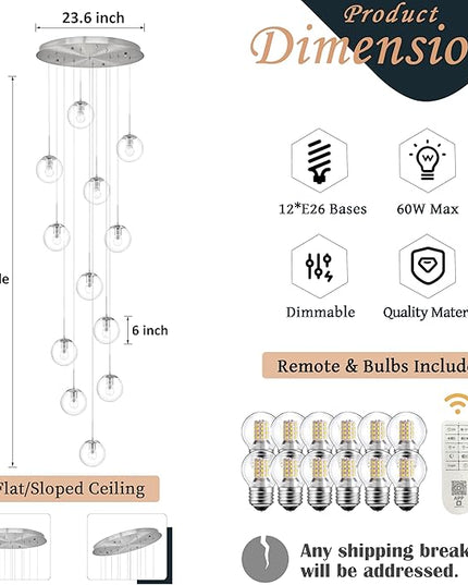 KoKo&Yukina 12-Light Nickel Mid Century Modern Chandelier for Living Room Staircase Chandelier for Entryway Clear Globe Glass Chandelier High Ceiling Chandeliers Foyer Entryway (Bulb & Remote Incl.)