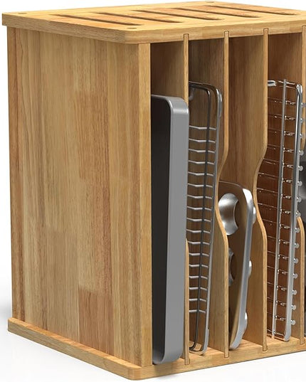6 Tier Rubber Wood Tray Dividers for Cabinets, Heavy Weight Kitchen Vertical Tray Divider Organizer, Storing pans, Baking trays, Cutting Board(16.73" W x 14.13" H x 12.4" D)