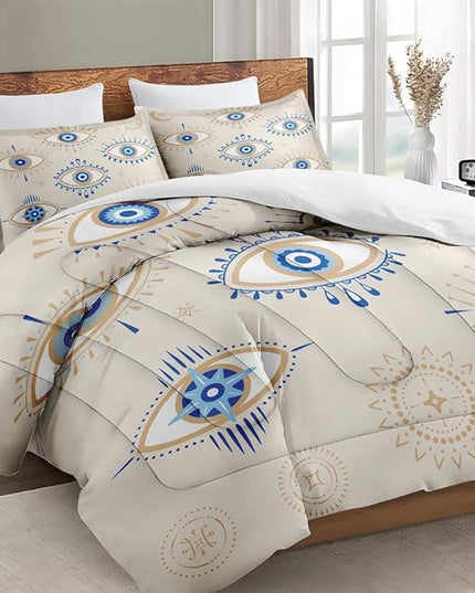 Twin Size Comforter Set with Pillowcase, Bohemian Eye 2 Pcs Bedding for Kids and Adults, Blue Boho Soft Comforter Set for Bedroom Bed Decor