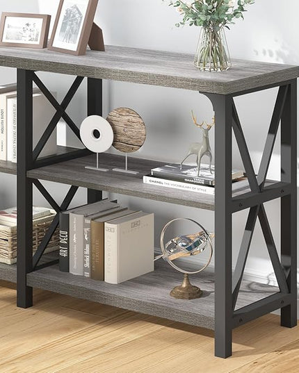 IBF Long Entryway Console Table, Industrial Metal Wood Entry Table with Storage Shelves, Modern Rustic 3 Tier Sofa Table for Entry Way Hallway Behind Couch Living Room Bedroom, Light Grey Oak, 63 Inch