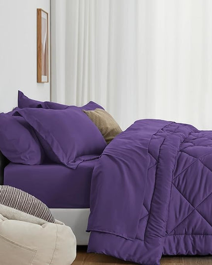 Love's cabin California King Comforter Set Purple, 7 Pieces California King Bed in a Bag, All Season Bedding Sets with 1 Comforter, 1 Flat Sheet, 1 Fitted Sheet, 2 Pillowcase and 2 Pillow Sham