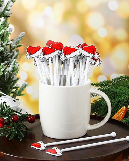 30 Pcs Christmas Drink Stirrers Xmas Stir Stick Holiday Coffee Swizzle Stick Reusable Plastic Hot Cocoa Bar Chocolate Decoration Cocktail Mixer(Santa Hat,Classic Color)