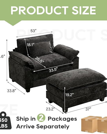 53" Modular Sectional Sofa, Comfy Cloud Couch Sectional Sofa with Ottoman, Chenille Sofa Sleeper Deep Seat Sofa with Throw Pillows for Living Room (Black)