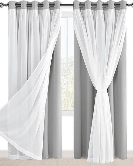 Hiasan Silver Grey Blackout Curtains with Sheer 84 Inches Long, Thermal Insulated Double Layer Room Darkening Curtains for Bedroom, Living Room, 2 Window Drape Panels with Tiebacks, 60W X 84L