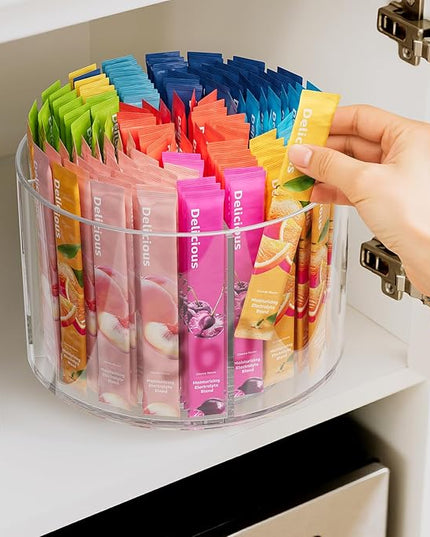 Divided Drink Packet Organizer, Rotating Turntable Organizer, Clear Lazy Susan for Powdered Drink Mix, Water Drink Packet Holder