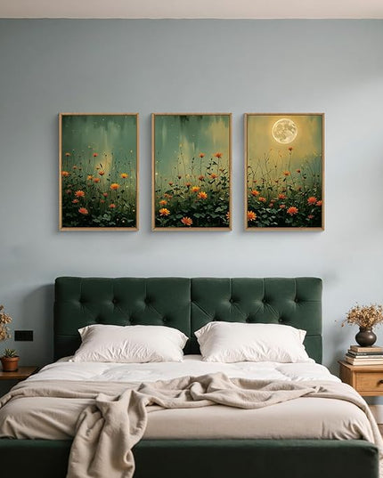 HOURIA Mystical Midnight Wildflower Framed Canvas Wall Art Set,Moonlit Orange Floral Wall Decor,Nature Inspired Landscape Artwork,Watercolor Art Prints for Living Room,Bedroom,Farmhouse-24 x36 x3