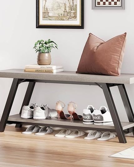LVB Industrial Entryway Bench, Wood and Metal Storage Bench, Indoor Farmhouse Hallway Accent Entry Bench for Seating Sitting, Shoe Rack Organizer Cabinet in Foyer Bedroom, Light Grey Oak, 47 Inch Long