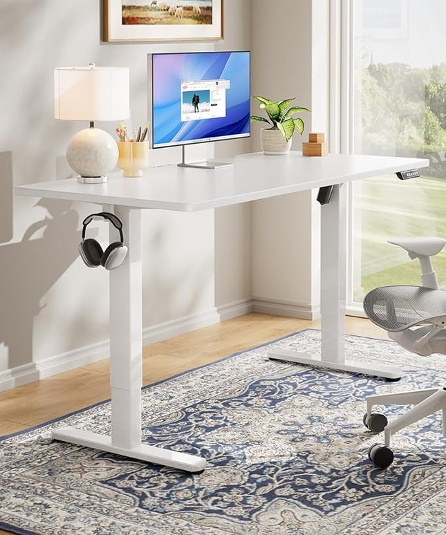 HUANUO Electric Standing Desk, 48" x 30" Whole Piece Desktop, Adjustable Height Computer Desk, 4 Height Memory Settings, Sit Stand Up Desk for Home Office, White