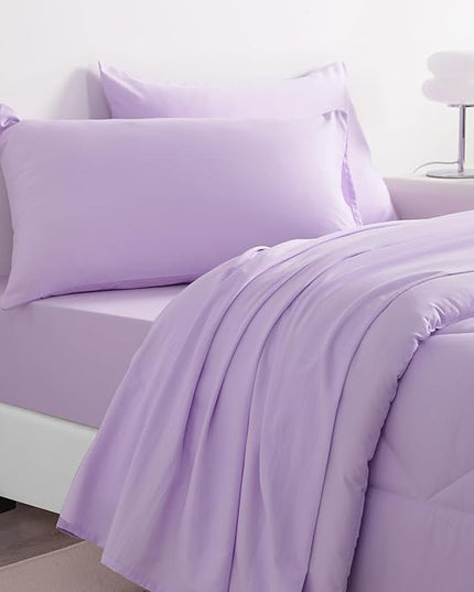 NTBAY Twin Comforter Set with Sheets, 5 Pieces Soft and Breathable Twin Bedding Set, Twin Bed in a Bag, Down Alternative Comforter Set Solid Color All Season, Kids Bedding Set, Light Purple
