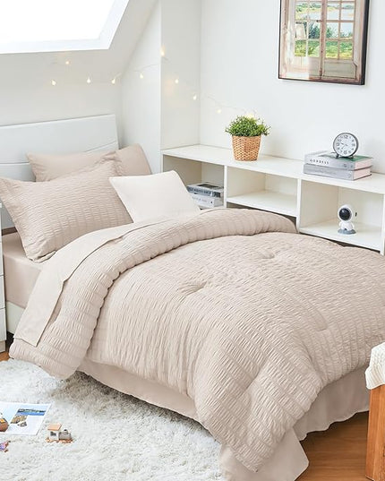 HYMOKEGE Beige Twin XL Comforter Set Seersucker 5 Pieces, All Season Luxury Bed in a Bag for Bedroom, Bedding Set with Comforter, Sheets, Pillowcase & Sham